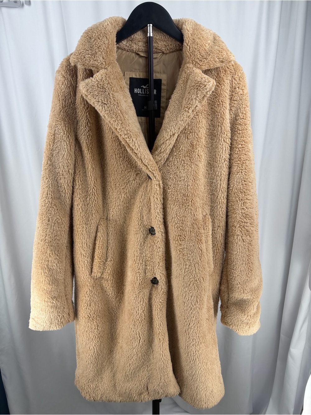 Hollister Tan Teddy Faux Fur Coat with Notched Collar